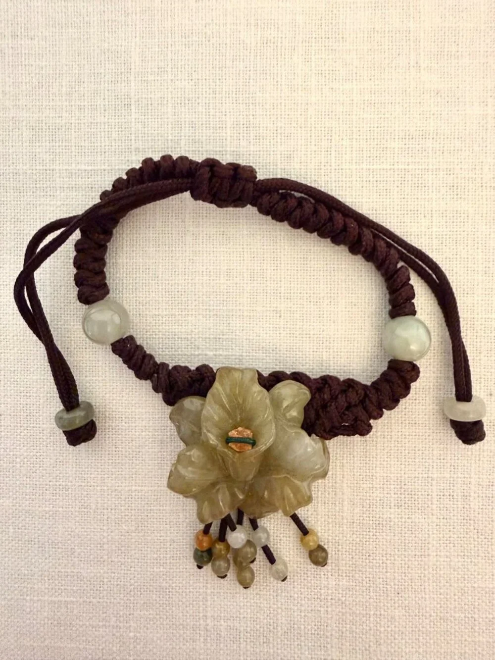 Vintage Handmade Jade Flower Macrame Bracelet Adjustable Artisan Natural Stone